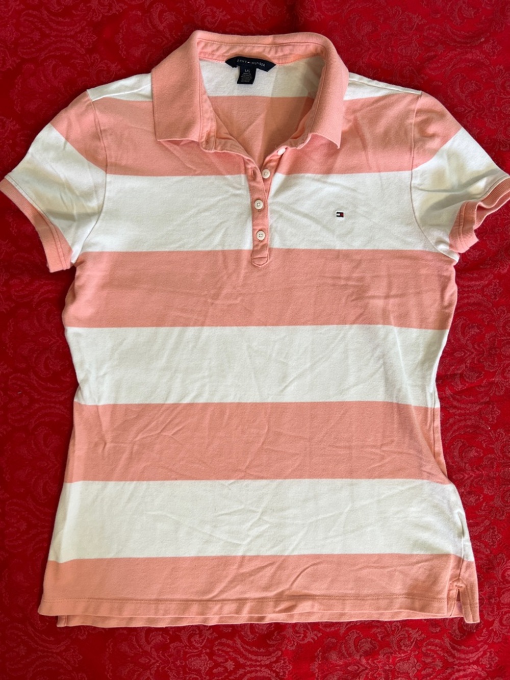 Tommy Hilfiger Striped Polo Shirt Women’s Large Coral Pink White